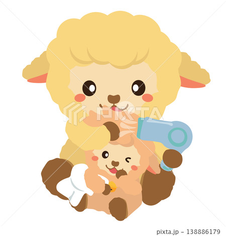 ヒツジの子の髪の毛をドライヤーで乾かしているイラスト ヒツジの子の髪の毛をドライヤーで乾かしているイラスト 138886179