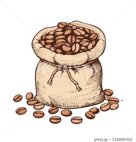 麻袋から溢れるコーヒー豆の手描き水彩風イラスト 138886382