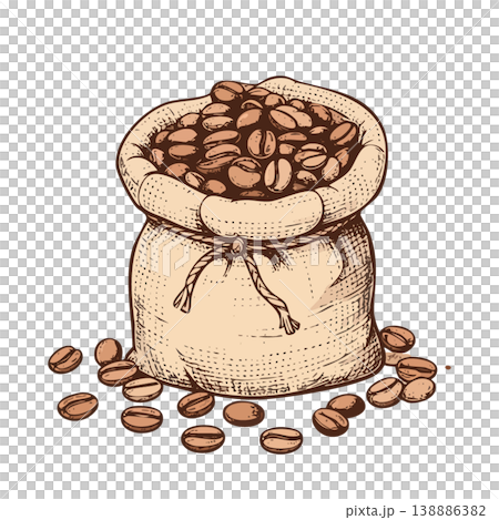 麻袋から溢れるコーヒー豆の手描き水彩風イラスト 138886382