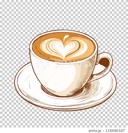 一幅素描風格的咖啡拿鐵插圖，上面有心形拉花。 138886387