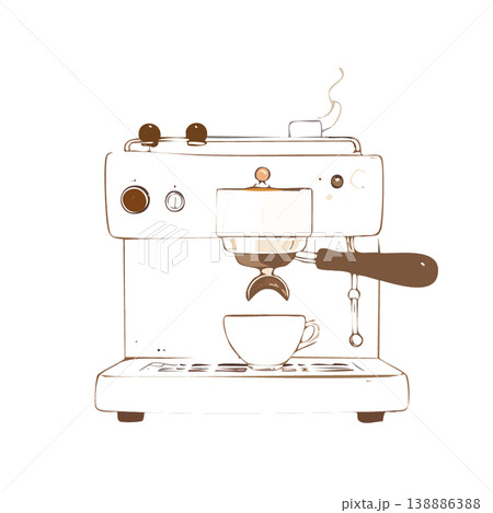 湯気が立つエスプレッソマシンのシンプルなラインアートイラスト 138886388