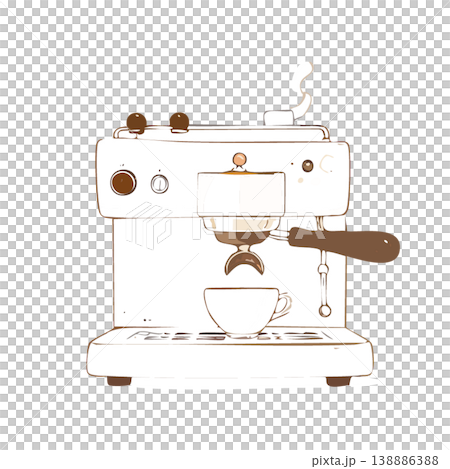 湯気が立つエスプレッソマシンのシンプルなラインアートイラスト 138886388