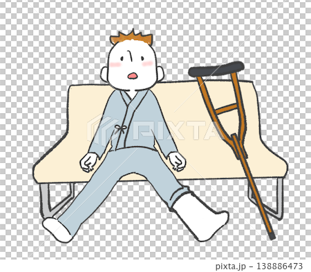An illustration of a man hospitalized with a fracture relaxing on a bench. 138886473