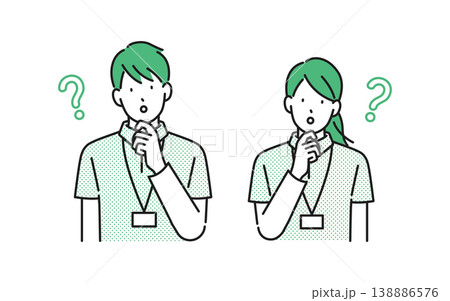 イラスト素材【介護イメージ】：何かを考える男女の介護士 138886576