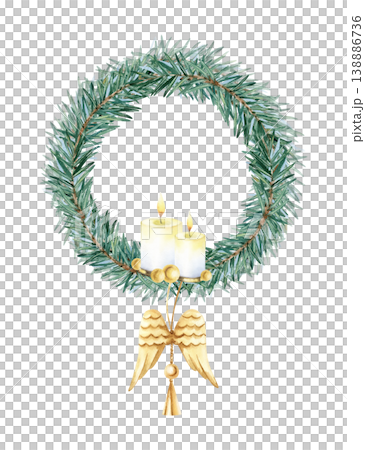 Festive Christmas wreath fir branches with burning candles, hanging golden angel wings decoration. Watercolor spruce branch round frame. Hand painted isolated illustration. Holiday template, design Festive Christmas wreath fir branches with burning candles, hanging golden angel wings decoration. Watercolor spruce branch round frame. Hand painted isolated illustration. Holiday template, design 138886736