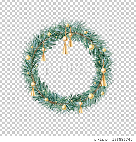Christmas round wreath spruce branches with golden beads, festive decoration. Watercolor fir branches circle frame, template. Hand painted isolated illustration. Winter design, holiday greeting card Christmas round wreath spruce branches with golden beads, festive decoration. Watercolor fir branches circle frame, template. Hand painted isolated illustration. Winter design, holiday greeting card 138886740