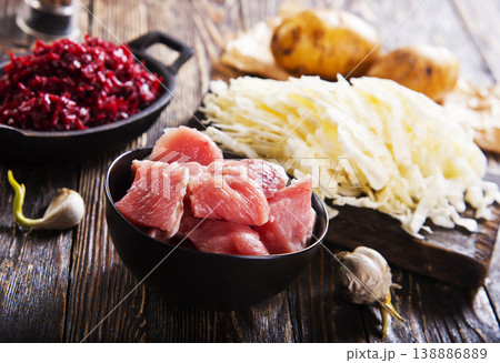 Ingredients for cooking Russian and ukrainian red soup "borsch". 138886889