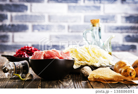 Ingredients for cooking Russian and ukrainian red soup "borsch". Ingredients for cooking Russian and ukrainian red soup "borsch". 138886891