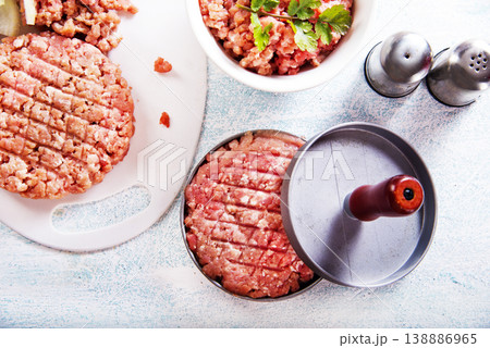 raw Hamburger beef Patty, uncooked mincemeat. grey background. top view. 138886965