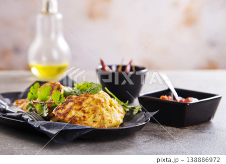 Chicken cutlets with fresh greens and sauce. Healthy home food for dieting. 138886972
