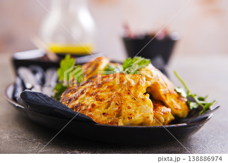 Chicken cutlets with fresh greens and sauce. Healthy home food for dieting. Chicken cutlets with fresh greens and sauce. Healthy home food for dieting. 138886974