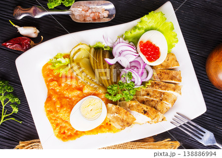 Buddha bowl with Chicken salad with egg and caviar Buddha bowl with Chicken salad with egg and caviar 138886994