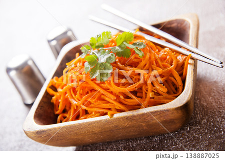 Carrot salad. French Grated Carrot Salad. Shredded carrot with garlic and black pepper Carrot salad. French Grated Carrot Salad. Shredded carrot with garlic and black pepper 138887025