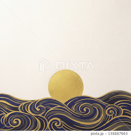 荒波から昇る金色の太陽が描かれた和風の背景素材 荒波から昇る金色の太陽が描かれた和風の背景素材 138887663