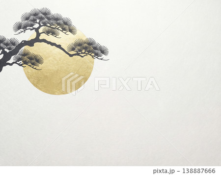 金色の満月と黒い松のシルエットが描かれた和紙の背景素材 金色の満月と黒い松のシルエットが描かれた和紙の背景素材 138887666