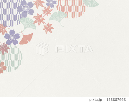 パステルカラーの桜や楓と矢絣模様が描かれた和紙の背景素材 パステルカラーの桜や楓と矢絣模様が描かれた和紙の背景素材 138887668