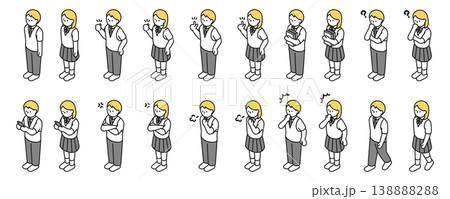 アイソメトリックイラスト：色々なポーズの高校生男女(夏服) 138888288