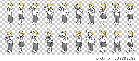 アイソメトリックイラスト：色々なポーズの高校生男女(夏服) 138888288
