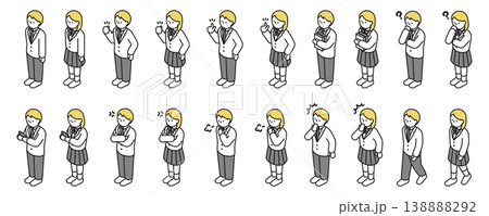 アイソメトリックイラスト：色々なポーズの高校生男女 138888292