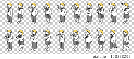 アイソメトリックイラスト：色々なポーズの高校生男女 138888292