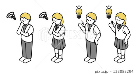 アイソメトリックイラスト:アイデアを思いつく男女 考える男女(夏服高校生) アイソメトリックイラスト:アイデアを思いつく男女 考える男女(夏服高校生) 138888294