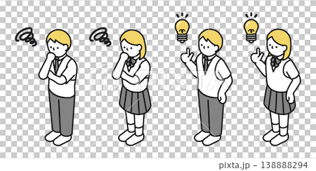 アイソメトリックイラスト:アイデアを思いつく男女 考える男女(夏服高校生) アイソメトリックイラスト:アイデアを思いつく男女 考える男女(夏服高校生) 138888294