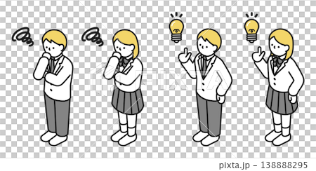 Isometric illustration: A man and a woman coming up with an idea; a man and a woman thinking (high school students) Isometric illustration: A man and a woman coming up with an idea; a man and a woman thinking (high school students) 138888295