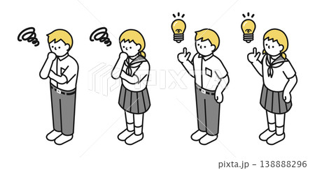アイソメトリックイラスト:アイデアを思いつく男女 考える男女(夏服中学生) 138888296