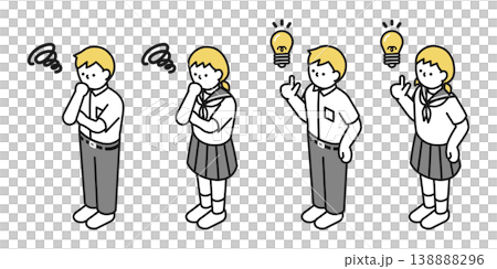 アイソメトリックイラスト:アイデアを思いつく男女 考える男女(夏服中学生) 138888296