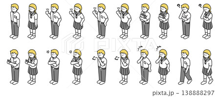 アイソメトリックイラスト：色々なポーズの中学生男女(夏服) 138888297