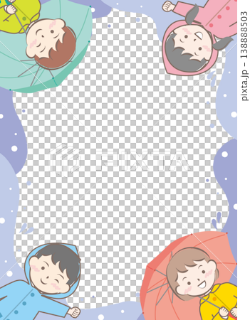 傘をさす合羽姿の子供たちのフレーム　梅雨　雨の日 138888503