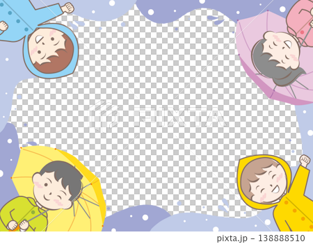一幅畫面,描繪了穿著雨衣、撐傘的孩子們;雨季;雨天。 一幅畫面,描繪了穿著雨衣、撐傘的孩子們;雨季;雨天。 138888510