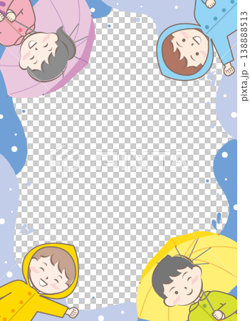 一幅畫面，描繪了穿著雨衣、撐傘的孩子們；雨季；雨天。 138888513