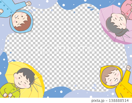 一幅畫面，描繪了穿著雨衣、撐傘的孩子們；雨季；雨天。 138888514