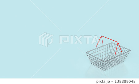 Minimalist Wire Shopping Basket With Red Handles Isolated On Blue Background 3d render. Minimalist Wire Shopping Basket With Red Handles Isolated On Blue Background 3d render. 138889048