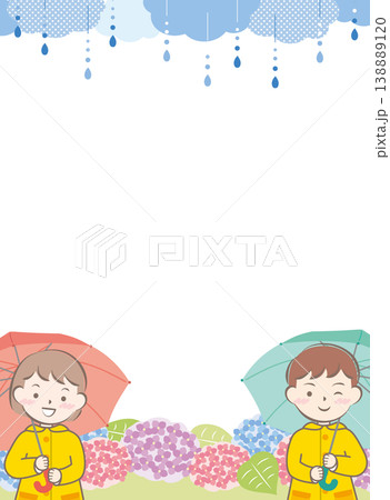 傘をさすレインコートの子供たちと紫陽花のフレーム 傘をさすレインコートの子供たちと紫陽花のフレーム 138889120