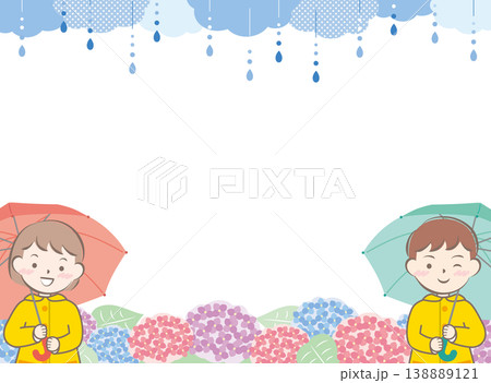 傘をさすレインコートの子供たちと紫陽花のフレーム 138889121