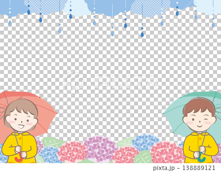 傘をさすレインコートの子供たちと紫陽花のフレーム 138889121