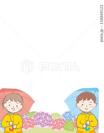 傘をさすレインコートの子供たちと紫陽花のフレーム 傘をさすレインコートの子供たちと紫陽花のフレーム 138889122