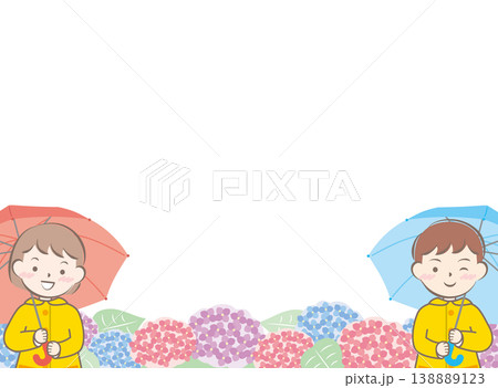 傘をさすレインコートの子供たちと紫陽花のフレーム 傘をさすレインコートの子供たちと紫陽花のフレーム 138889123