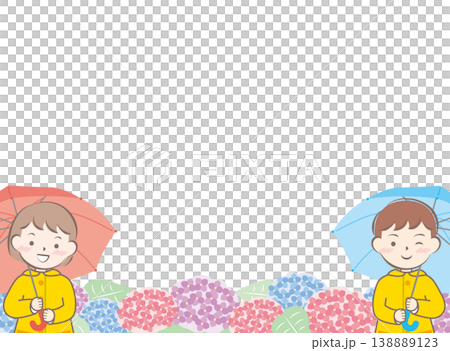 傘をさすレインコートの子供たちと紫陽花のフレーム 傘をさすレインコートの子供たちと紫陽花のフレーム 138889123