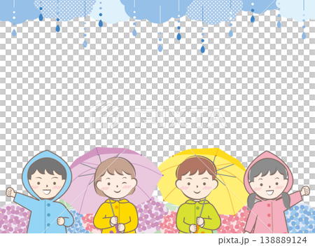 傘をさすレインコートの子供たちと紫陽花のフレーム 138889124
