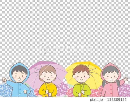 Children in raincoats holding umbrellas and a frame of hydrangeas Children in raincoats holding umbrellas and a frame of hydrangeas 138889125