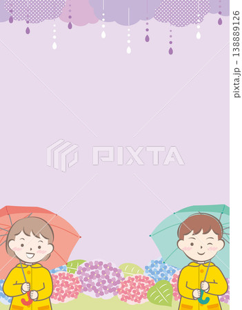 傘をさすレインコートの子供たちと紫陽花のフレーム 傘をさすレインコートの子供たちと紫陽花のフレーム 138889126