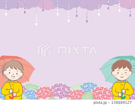 傘をさすレインコートの子供たちと紫陽花のフレーム 傘をさすレインコートの子供たちと紫陽花のフレーム 138889127