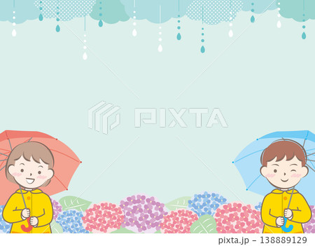 傘をさすレインコートの子供たちと紫陽花のフレーム 傘をさすレインコートの子供たちと紫陽花のフレーム 138889129