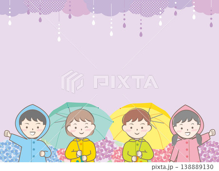 傘をさすレインコートの子供たちと紫陽花のフレーム 傘をさすレインコートの子供たちと紫陽花のフレーム 138889130