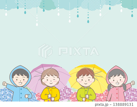 傘をさすレインコートの子供たちと紫陽花のフレーム 傘をさすレインコートの子供たちと紫陽花のフレーム 138889131