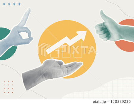 Trendy halftone collage of person hands holding rising bar chart and arrow on yellow circle with ok sign and thumbs up gestures, flat design concept for business success, growth, and achievement. Trendy halftone collage of person hands holding rising bar chart and arrow on yellow circle with ok sign and thumbs up gestures, flat design concept for business success, growth, and achievement. 138889230