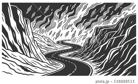 Winding Road Through Canyon Under Fiery Sky 138889513